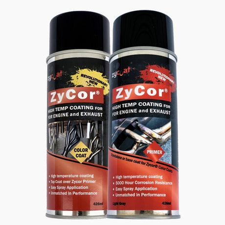 ZyCor High Temp coating for engine and exhaust 426 ml spray can light gray finish on a metal tube
